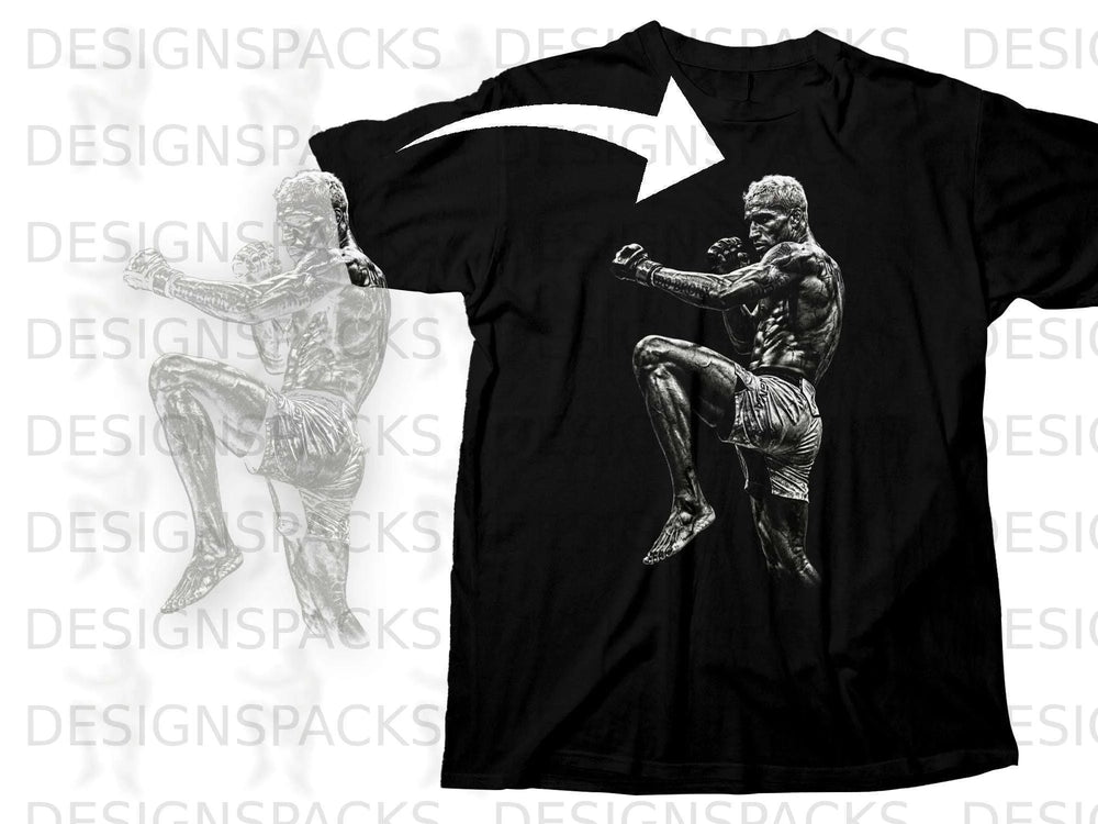 Black t-shirt with a graphic of a Muay Thai fighter mid-kick.