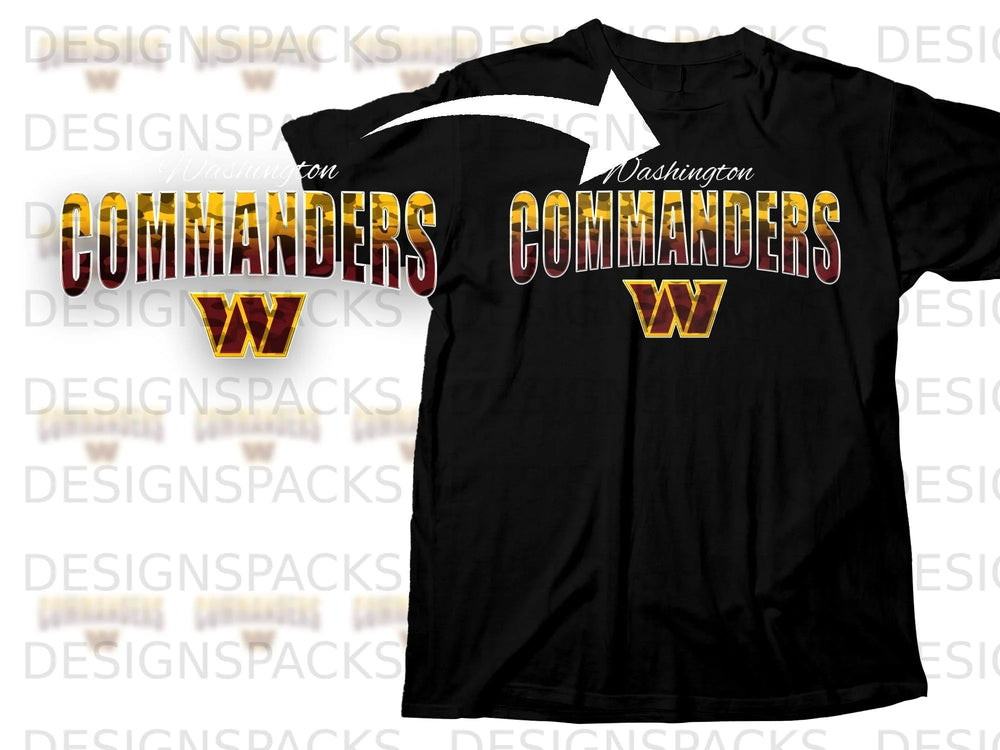 Black t-shirt with Washington Commanders logo and text.