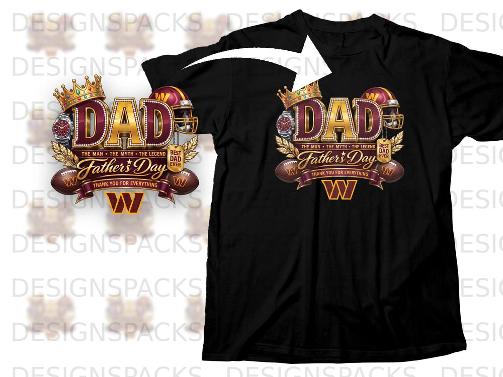 Dad graphic with crown, watch, football helmets, and "Father's Day" text.