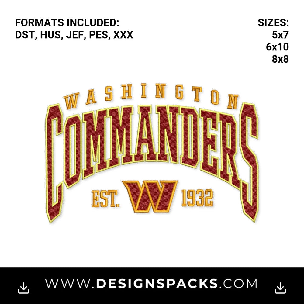 Washington Commanders Est 1932 Logo Embroidery Design - Instant digital download pattern at Designspacks.com