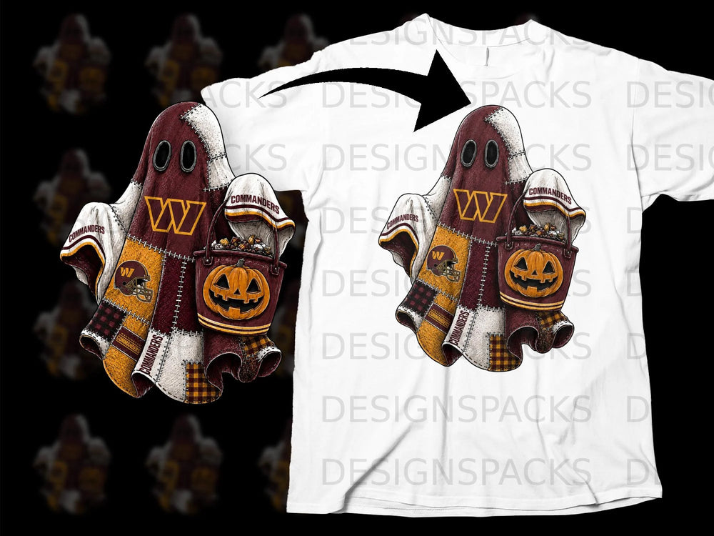 Washington Commanders ghost with a pumpkin candy bucket on a white t-shirt.