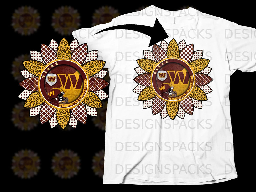 Washington Commanders sunflower graphic with leopard and polka dot petals.