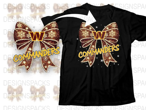 Sparkly Bow Design T-Shirt, Washington Commanders Inspired Fan Apparel, Glitter Football Team Graphic Tee, Black Cotton Shirt