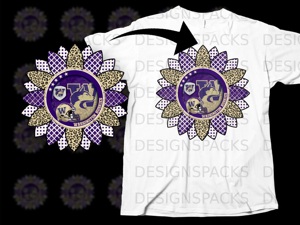 Sunflower design with Washington Huskies logo, helmet, and leopard spots.