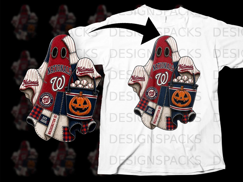 Ghost graphic with Washington Nationals logo, baseballs, and pumpkin on a white t-shirt mockup.