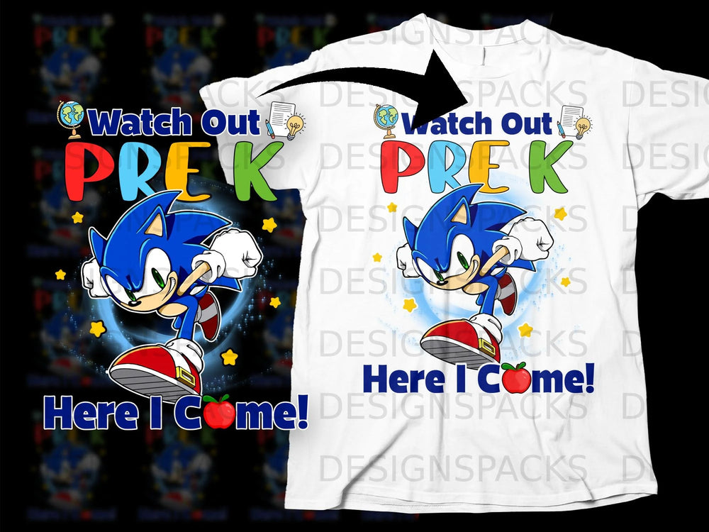 Sonic the Hedgehog and text "Watch Out PREK Here I Come!" on a t-shirt.