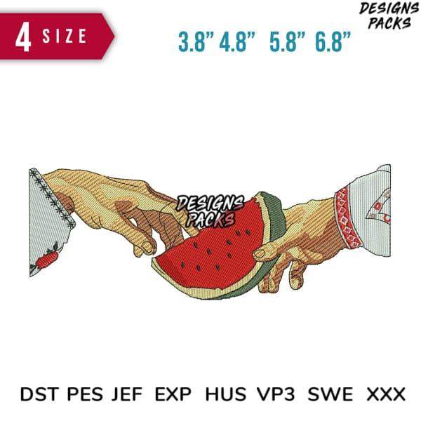 Embroidery design of hands sharing watermelon slice, available in PES, DST, JEF formats, 4 sizes