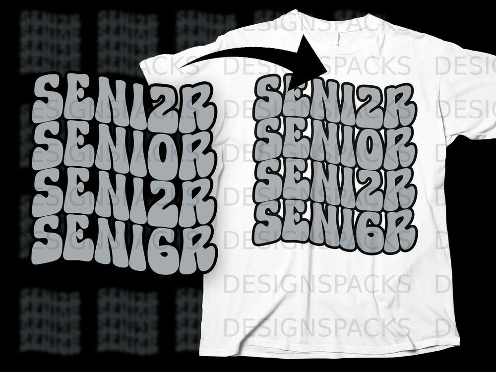 "SENIOR" repeatedly in grey bubble letters on a white t-shirt.