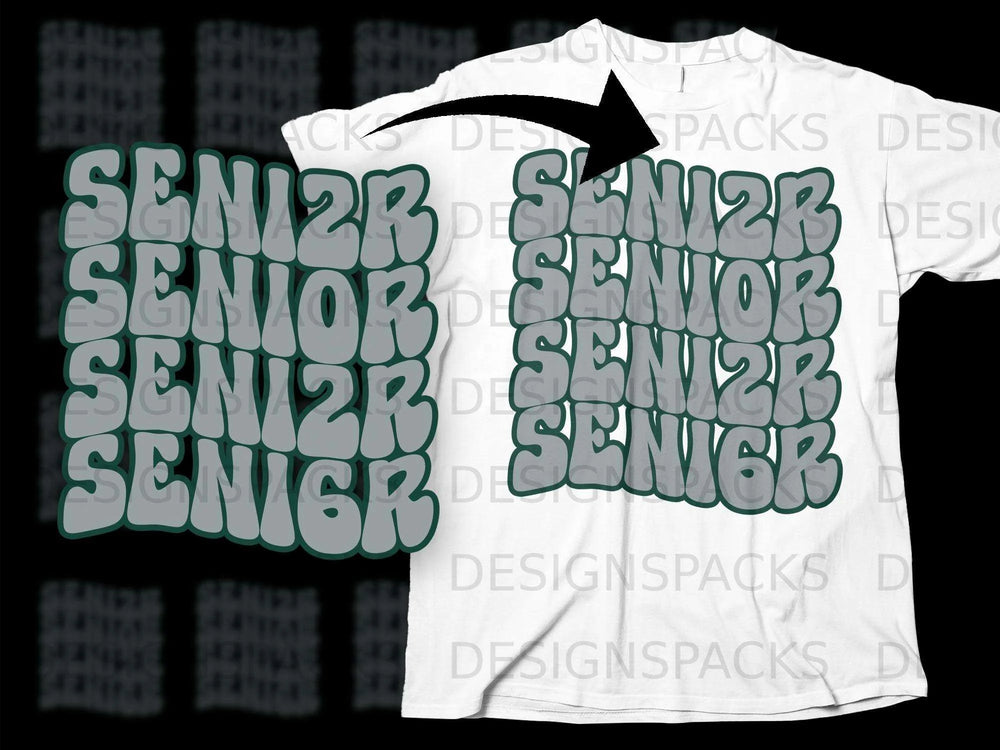 White t-shirt mockup featuring retro green "SENIOR" text in a bubble font.