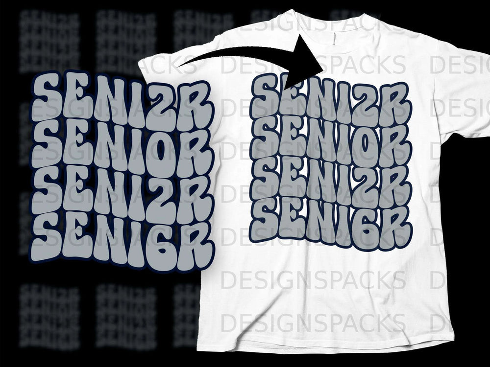 White t-shirt with repeating "SENIOR" text graphic in grey and blue.