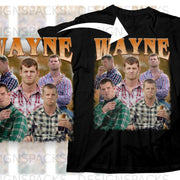 Black t-shirt with a collage of men's faces and the word "WAYNE" in large text.