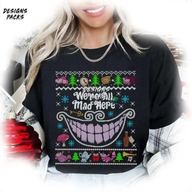 We’re All Mad Here Christmas Cat Lover Cartoon Alice In Wonderland Ugly Png Design