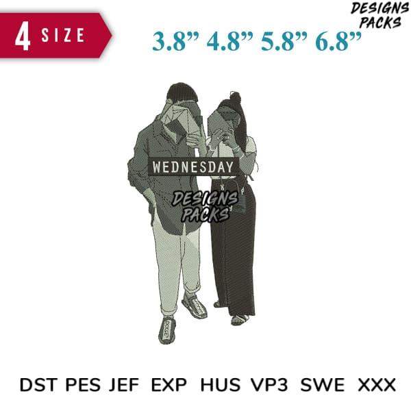 Wednesday-themed embroidery design for DTF/DTG, available in 4 sizes, compatible with DST PES JEF formats