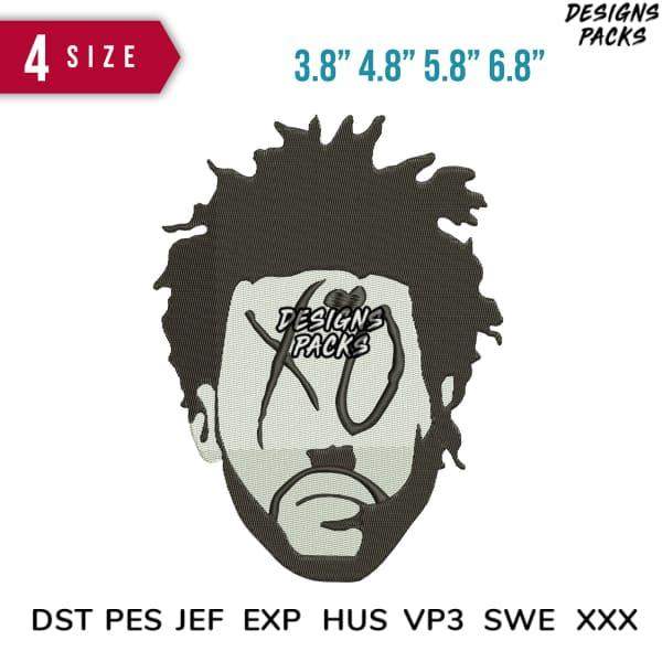 Embroidery design of stylized face with X eyes, available in 4 sizes & multiple formats (DST, PES, JEF, etc.)