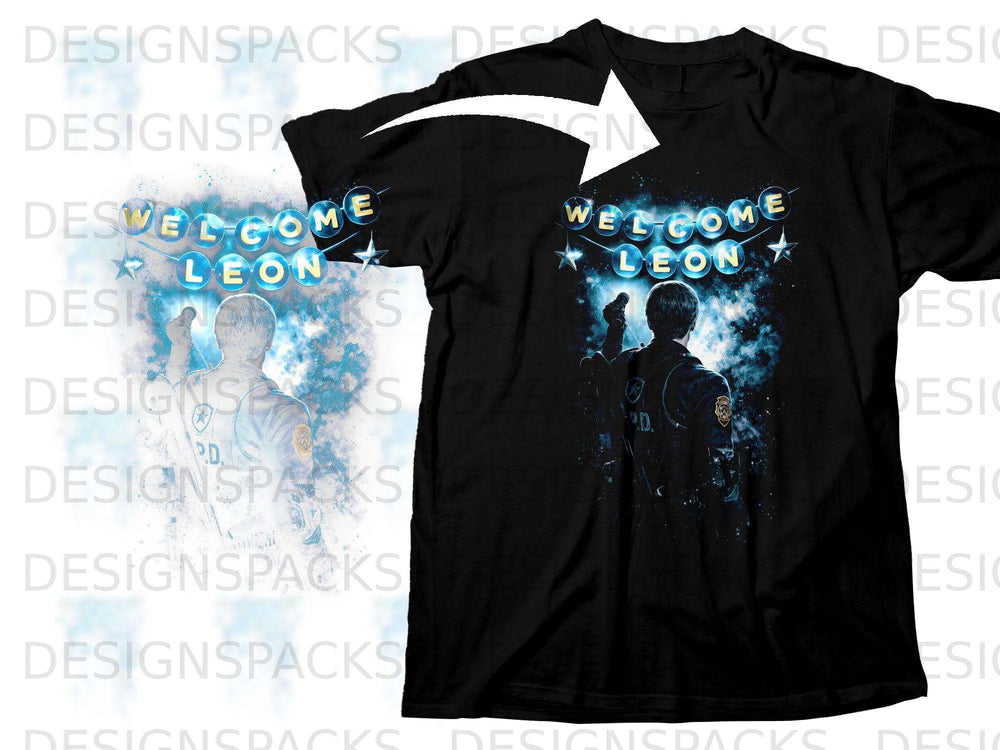 Black t-shirt with "Welcome Leon" text and a character in uniform.