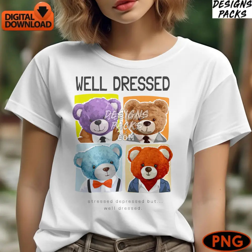 Well Dressed Bears Digital Print Colorful Bear Art Cute Animal Illustration Instant Download Png
