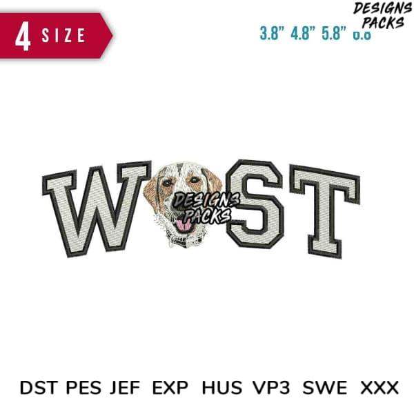 Embroidery design featuring dog face in 'WOST' lettering, available in multiple sizes and formats for instant download.