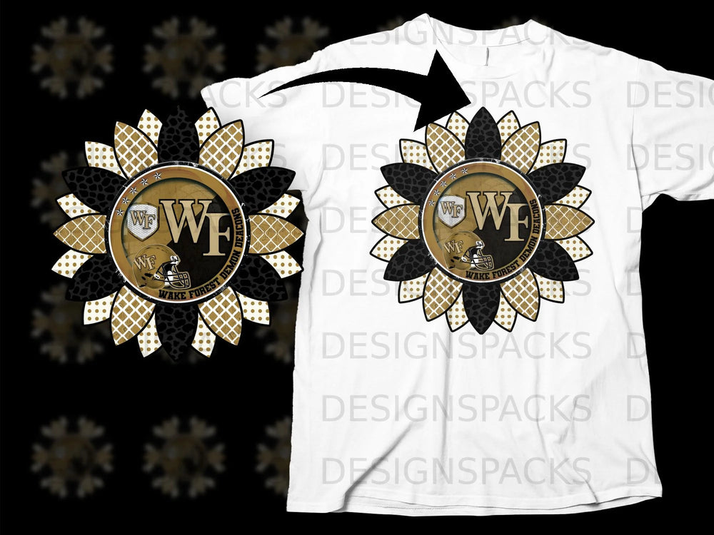 White t-shirt with black and gold Wake Forest Demon Deacons sunflower graphic.