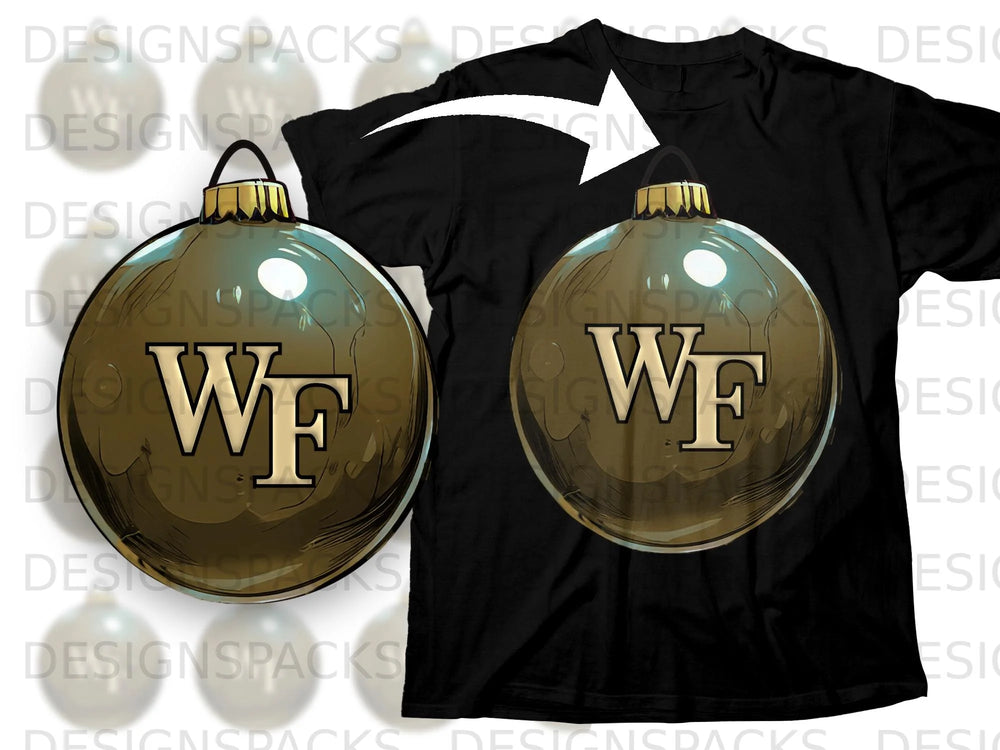 Black t-shirt with a gold Christmas ornament graphic featuring the letters "WF".