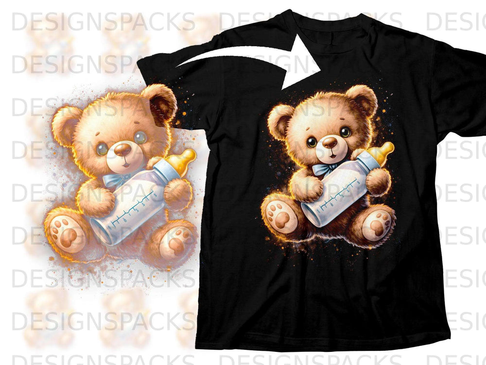 Black t-shirt featuring a cartoon teddy bear holding a baby bottle.