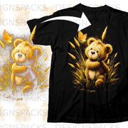 Black t-shirt featuring a cartoon teddy bear surrounded by golden wheat and an orange butterfly.