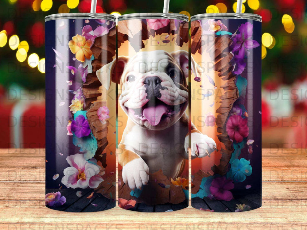 Whimsical Bulldog Bloom Tumbler Digital Wrap Design