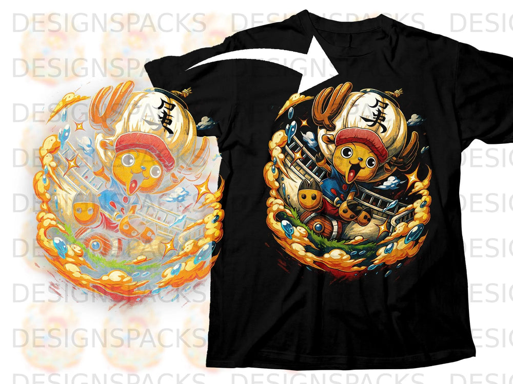 Tony Chopper from One Piece on a black t-shirt with Japanese text.