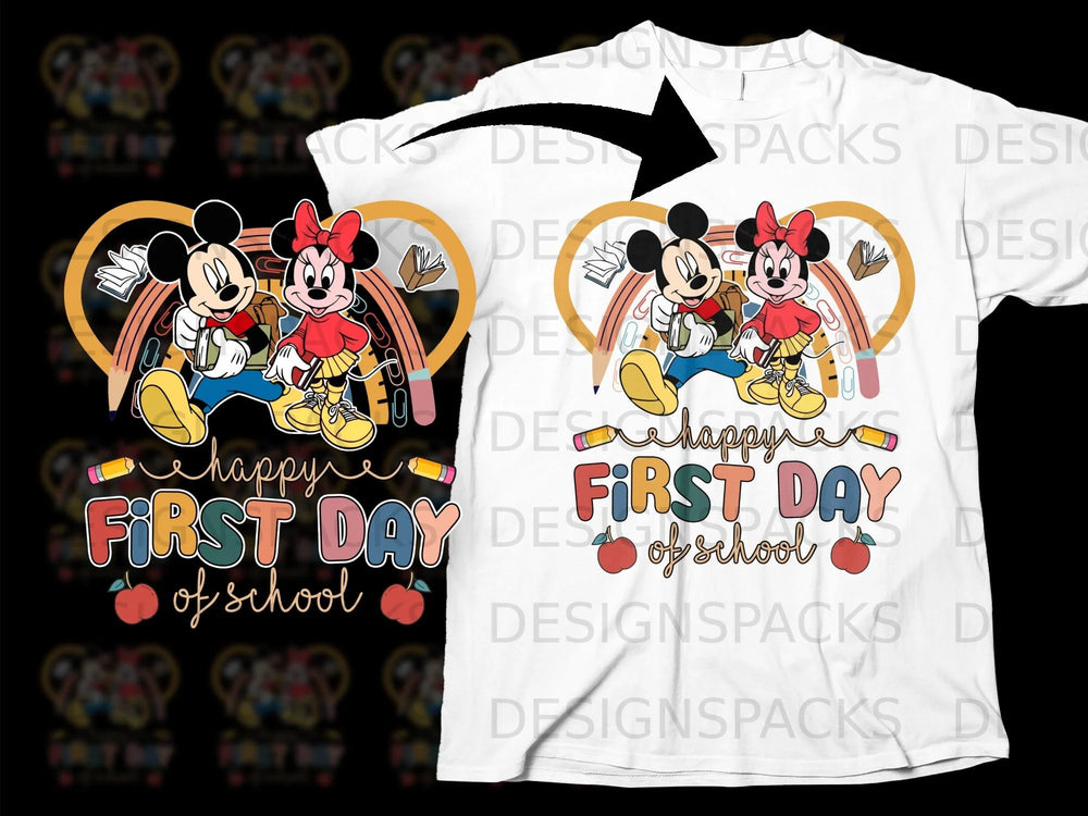 Mickey and Minnie Mouse celebrate happy first day of school with rainbow and school supplies.