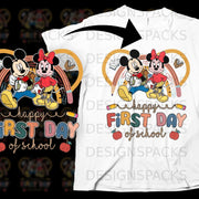 Mickey and Minnie Mouse celebrate happy first day of school with rainbow and school supplies.