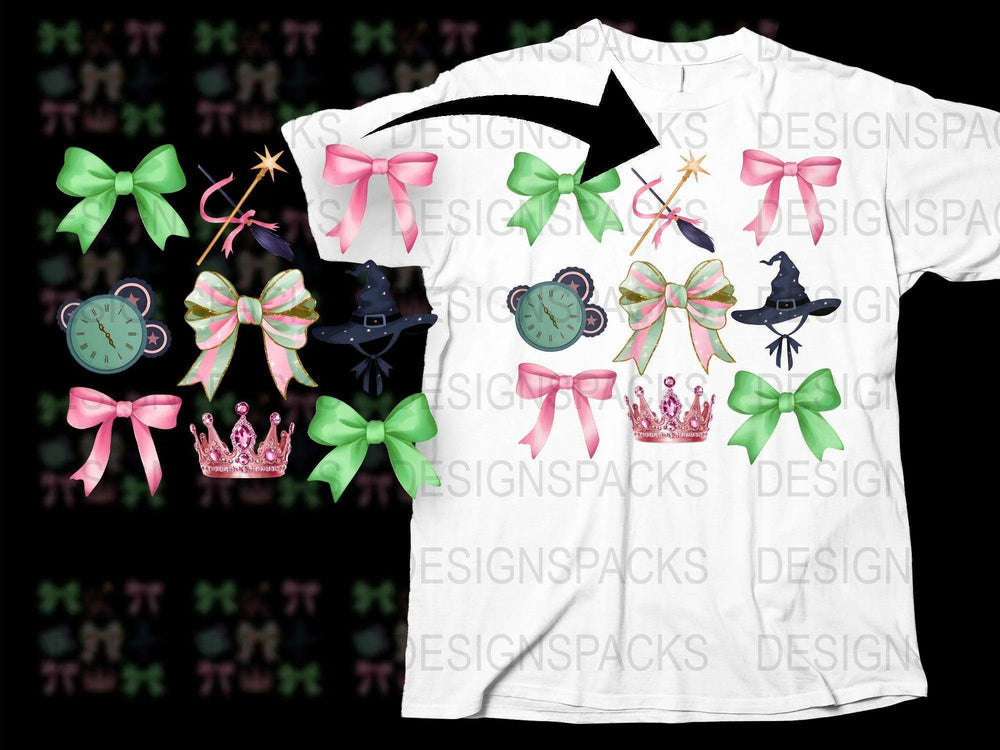 Whimsical Witch T-Shirt with Bows, Hats, Clocks, Magical Wand, and Crown Graphic Tee for All Ages