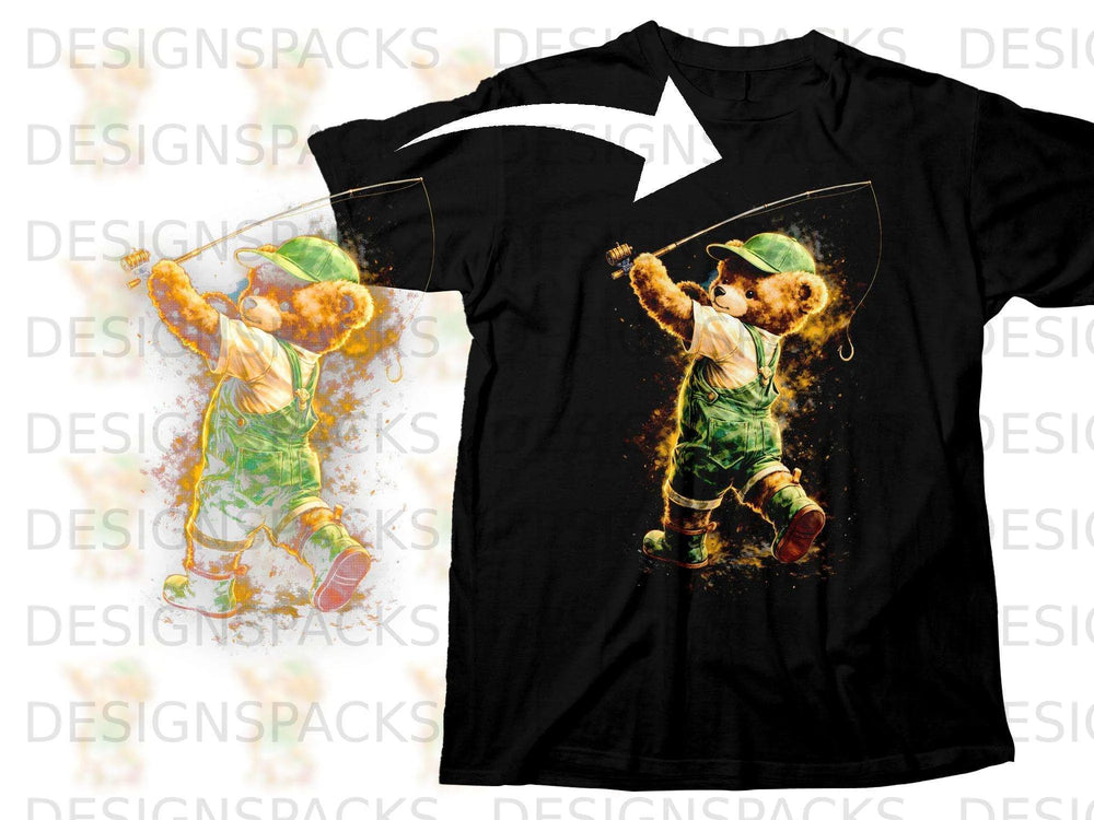 Teddy bear in overalls fishing on black t-shirt.