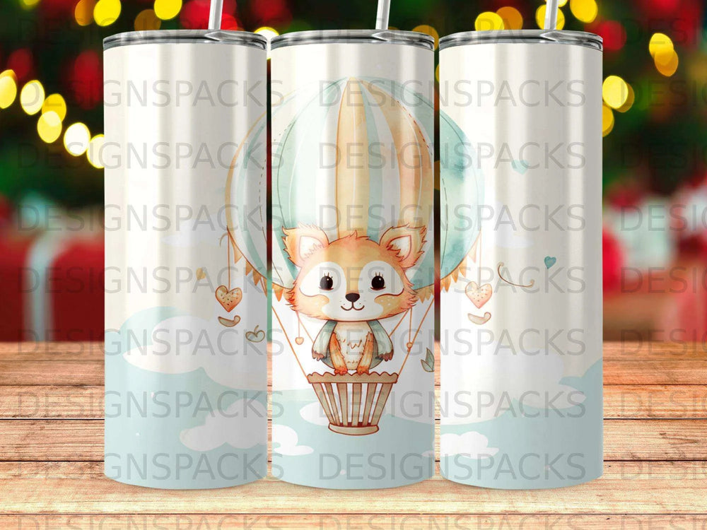 Whimsical Fox Balloon Tumbler Digital Wrap Design