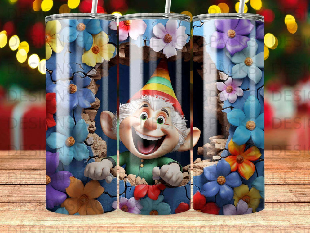 Whimsical Gnome & Flowers Tumbler Digital Wrap Design