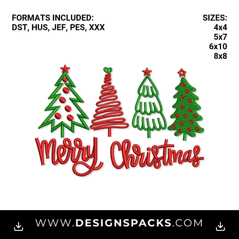 Whimsical Merry Christmas Trees Embroidery Design - Instant digital download pattern at Designspacks.com