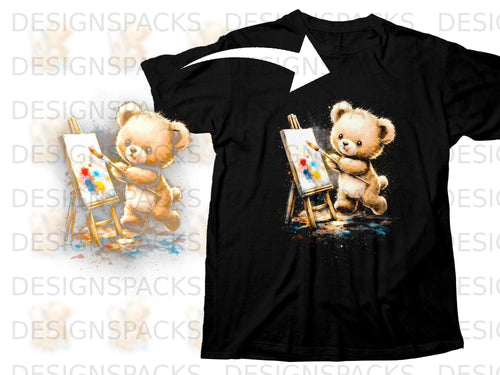 Teddy bear painting on easel graphic on black t-shirt.