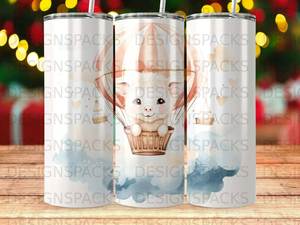 Whimsical Piglet Balloon Flight Tumbler Digital Wrap Design