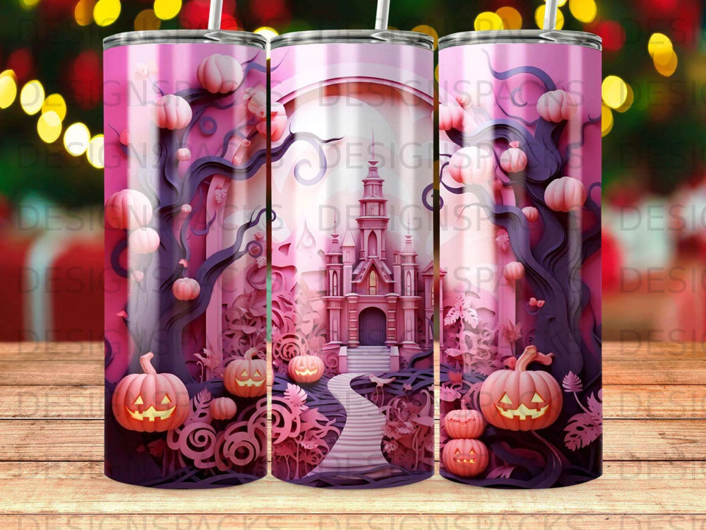 Whimsical Pink Halloween Castle Tumbler Digital Wrap Design