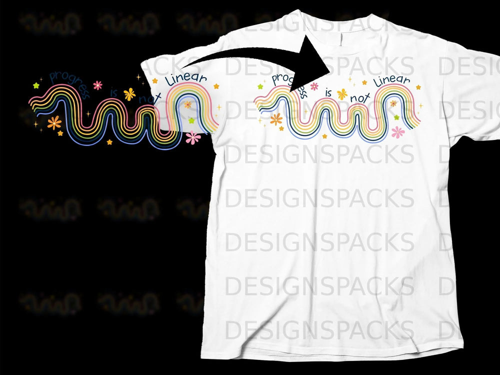White t-shirt with "progress is not linear" text and rainbow graphic.