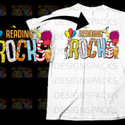 "Reading Rocks" graphic with Dr. Seuss characters on a white t-shirt.