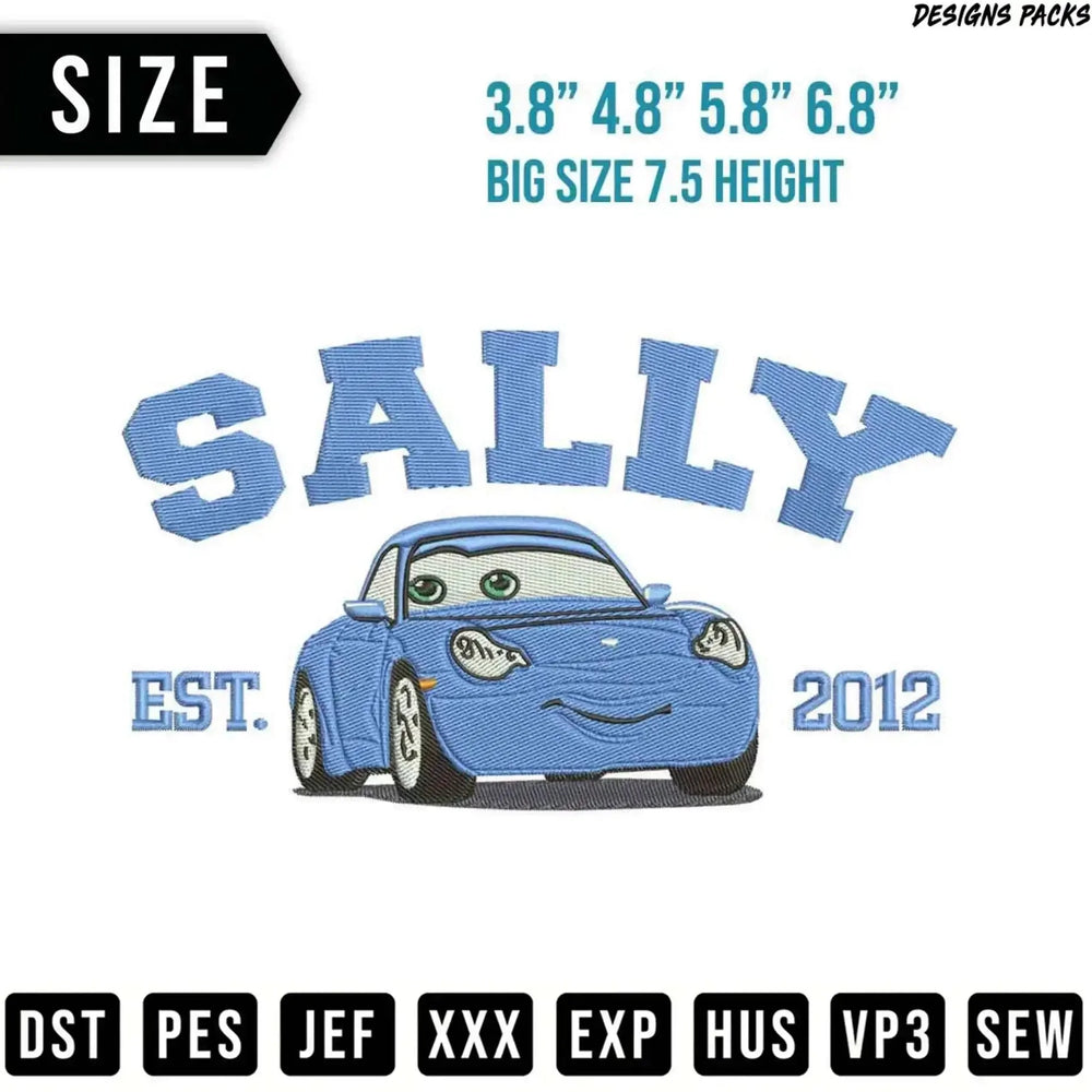 Whimsical Sally Car 'Est. 2012' Embroidery Design