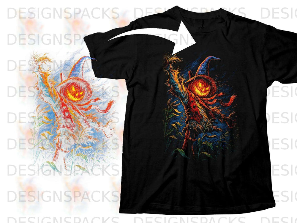 Black t-shirt with a vibrant pumpkin scarecrow graphic on the front.