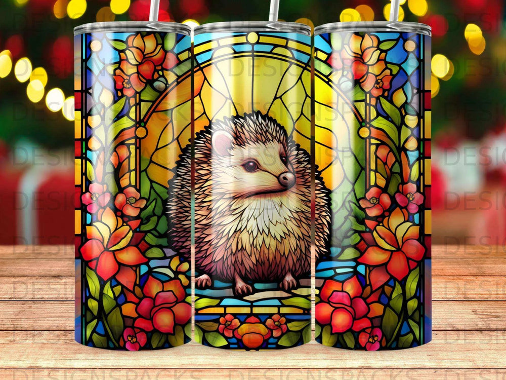 Whimsical Stained Glass Hedgehog Tumbler Digital Wrap Design