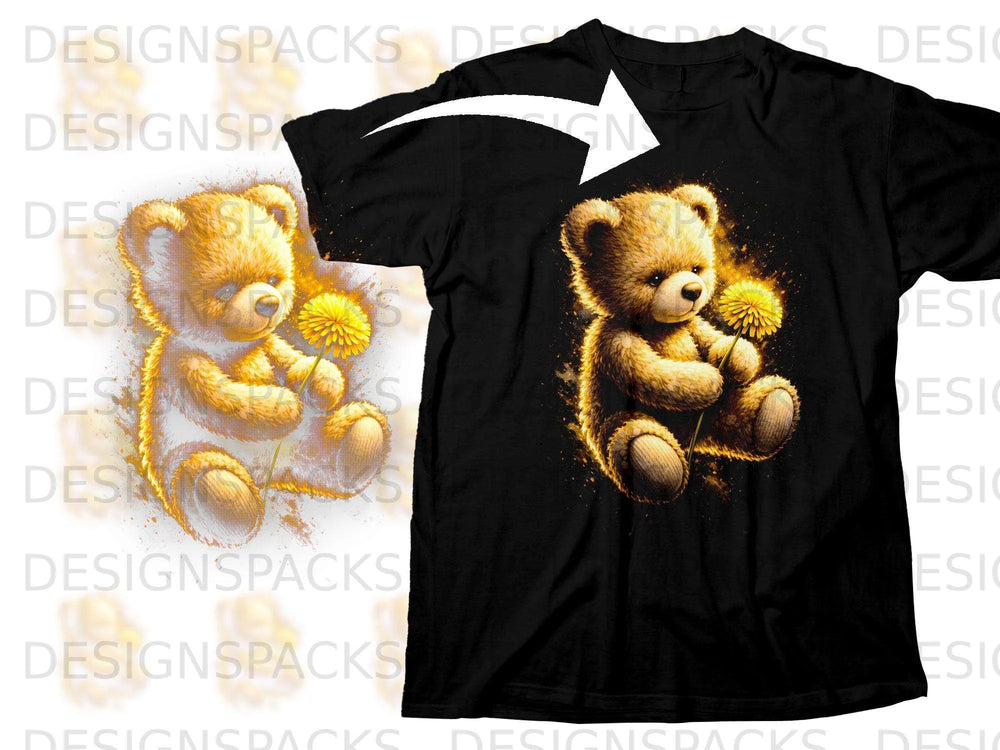 Black t-shirt with a teddy bear holding a dandelion graphic.