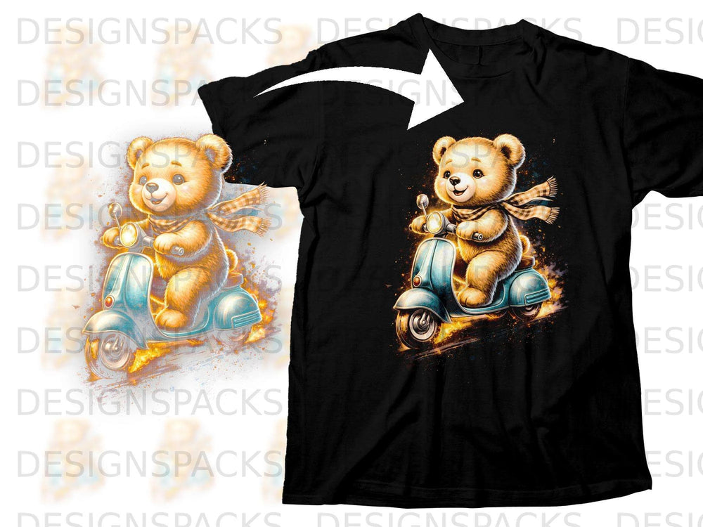 Cute bear wearing a scarf riding a scooter with flames.