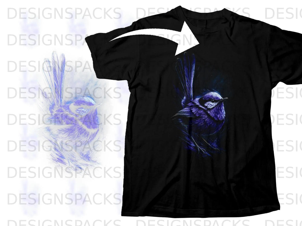 Black t-shirt with a detailed dark blue and purple bird illustration.