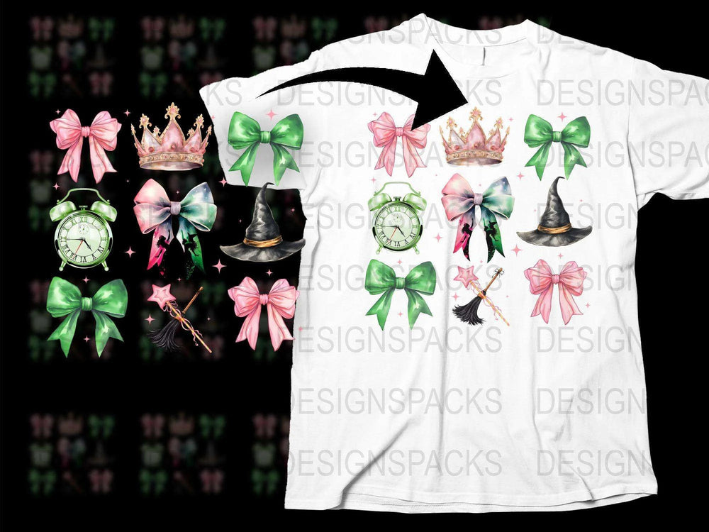 Whimsical Fairy Tale T-Shirt, Pink Green Bow Crown Clock, Magical Fantasy Graphic Tee, Unique Gift Idea