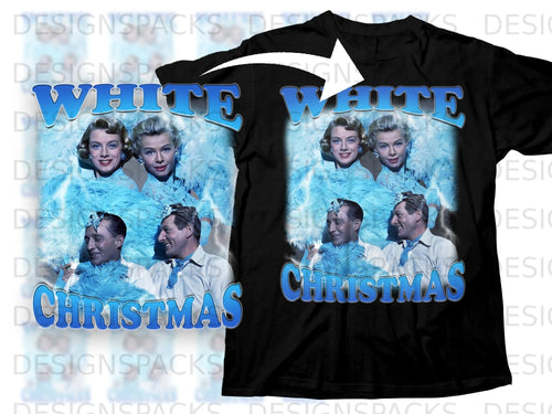 White Christmas movie poster graphic on a black t-shirt.