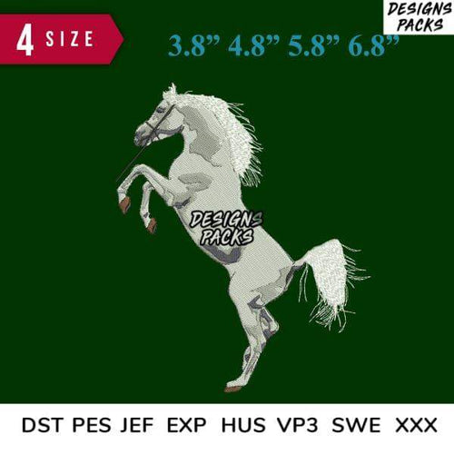 Embroidery design of rearing white horse in 4 sizes, compatible with DST PES JEF formats for instant download