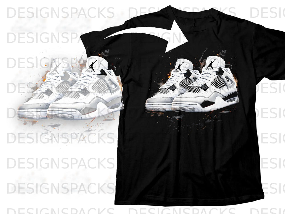 Black t-shirt with graphic of white Air Jordan sneakers with orange paint splatters.