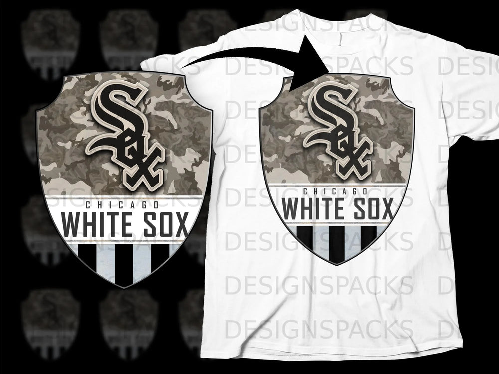 Chicago White Sox shield logo with camouflage and black and white stripes.